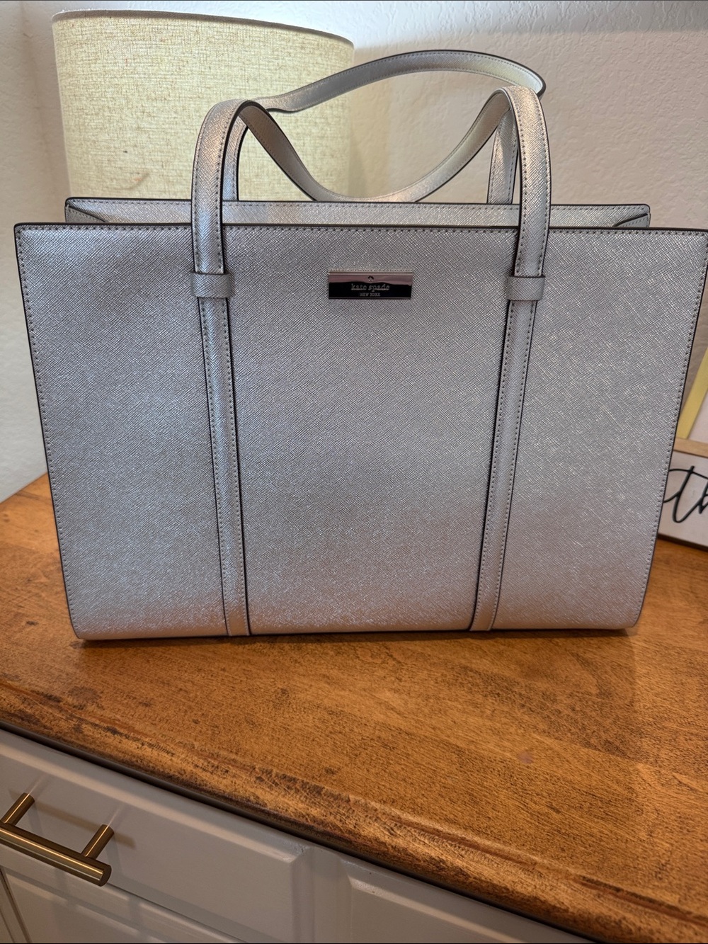 kate spade metallic Silver Saffiano Tote with Double Handles